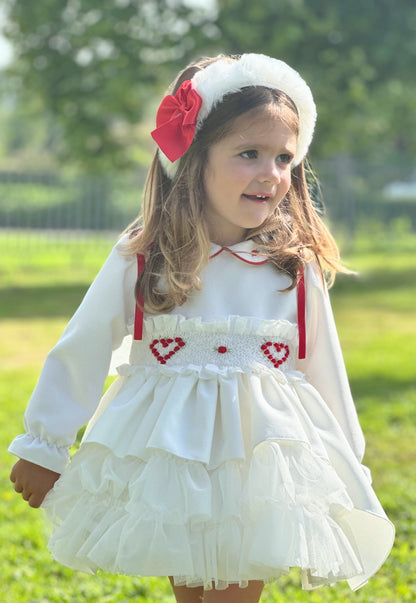 Girls White Velvet Heart Smocked Dress AW (Made to order)