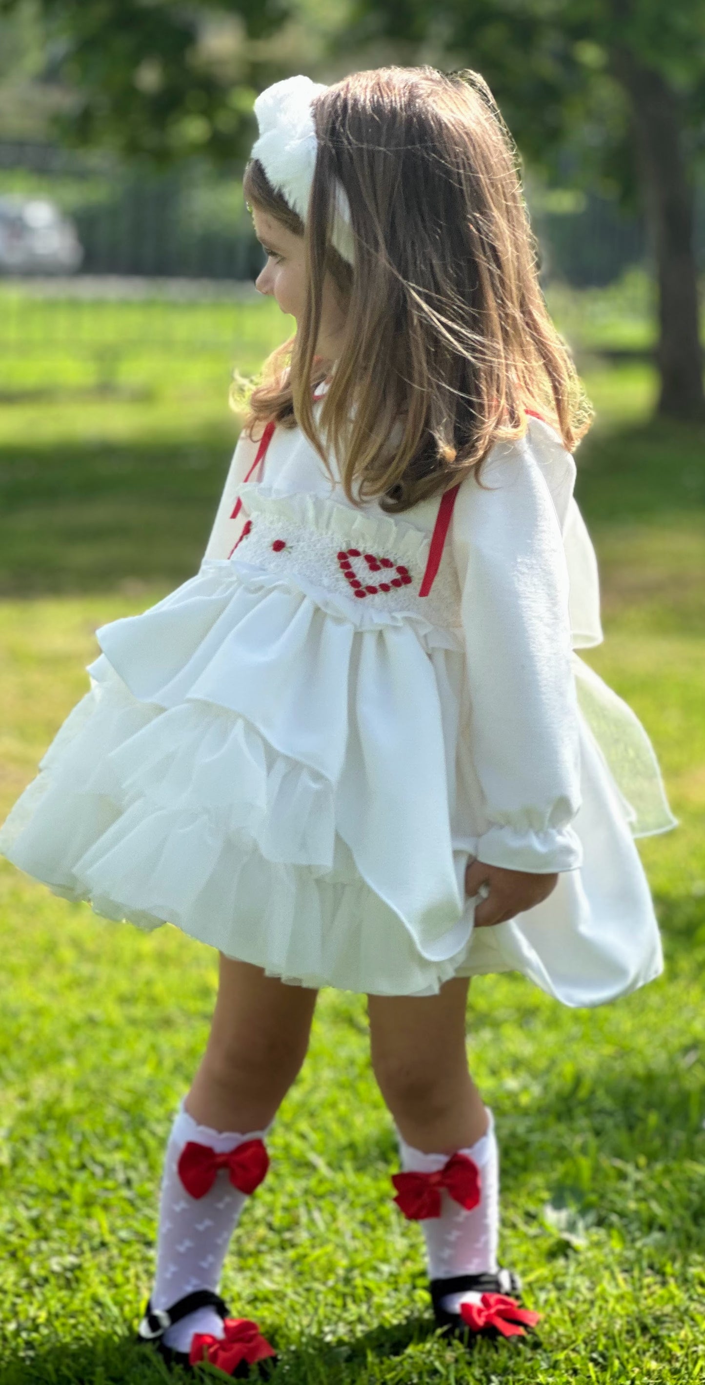 Girls White Velvet Heart Smocked Dress AW (Made to order)