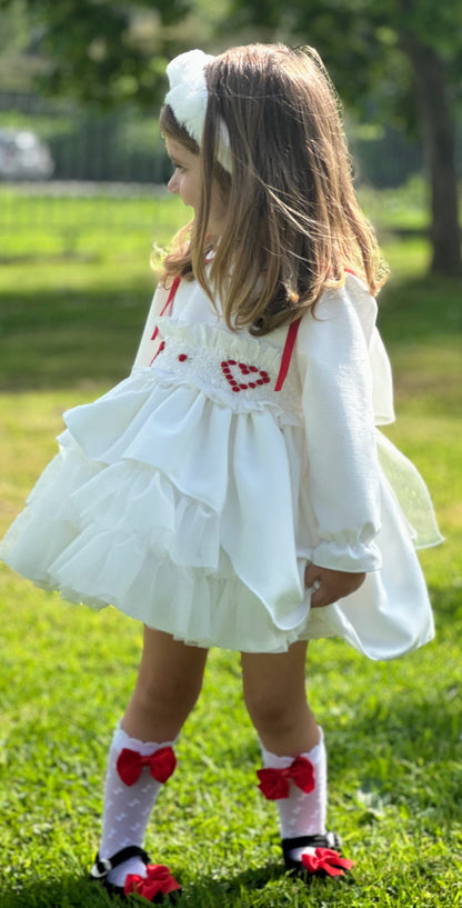 Girls White Velvet Heart Smocked Dress AW (Made to order)