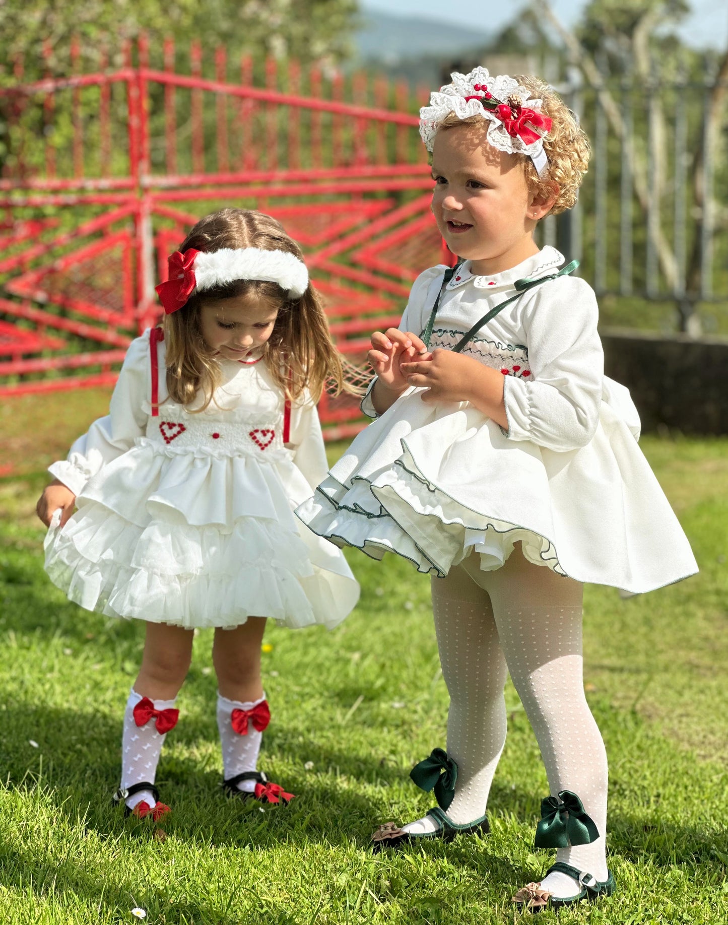 Girls White Velvet Heart Smocked Dress AW (Made to order)