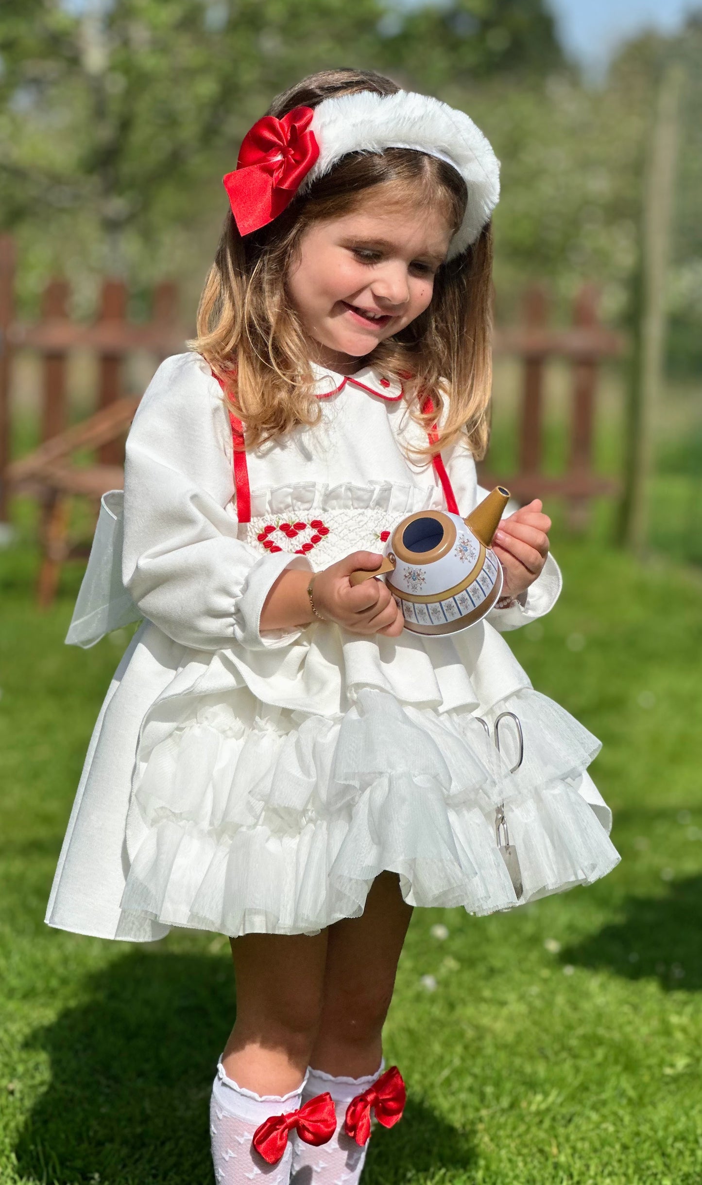 Girls White Velvet Heart Smocked Dress AW (Made to order)