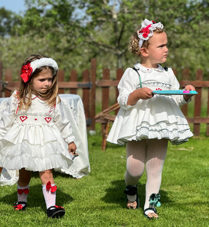 Girls White Velvet Heart Smocked Dress AW (Made to order)