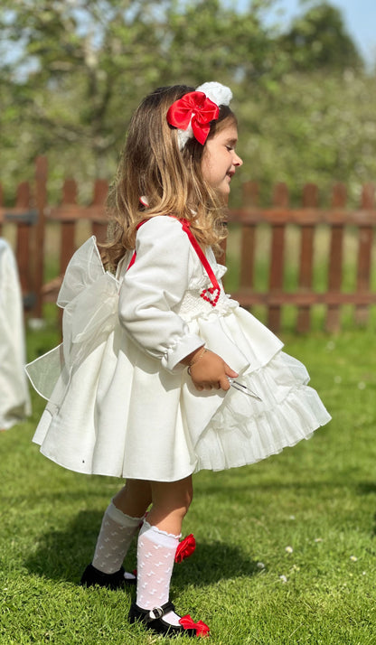 Girls White Velvet Heart Smocked Dress AW (Made to order)