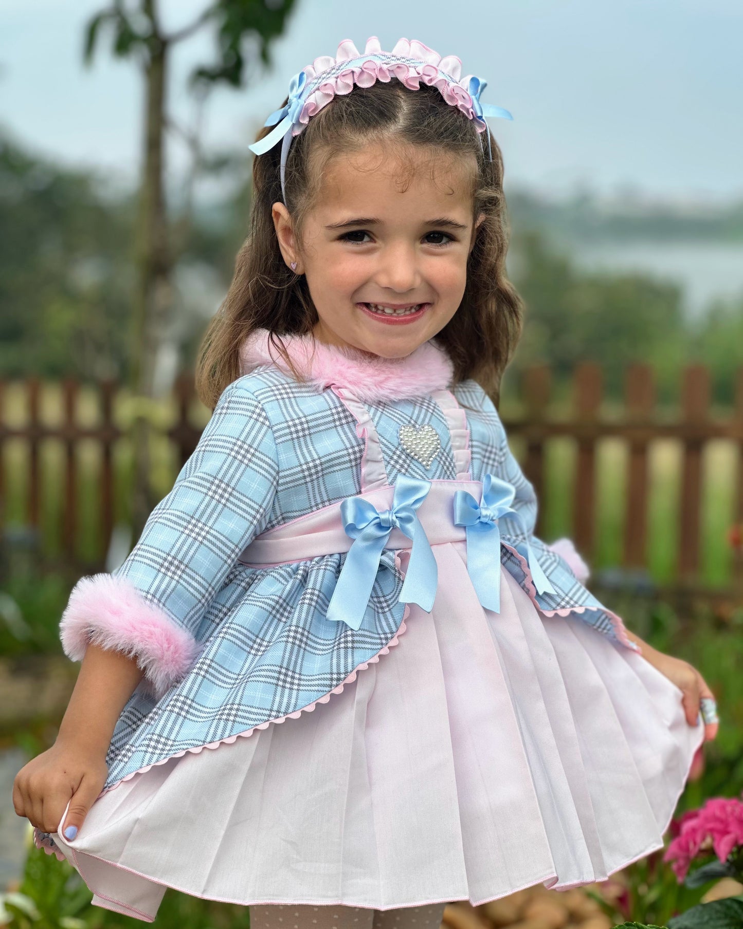 Girls Pink & Baby Blue Checked Dress AW (Made to order)