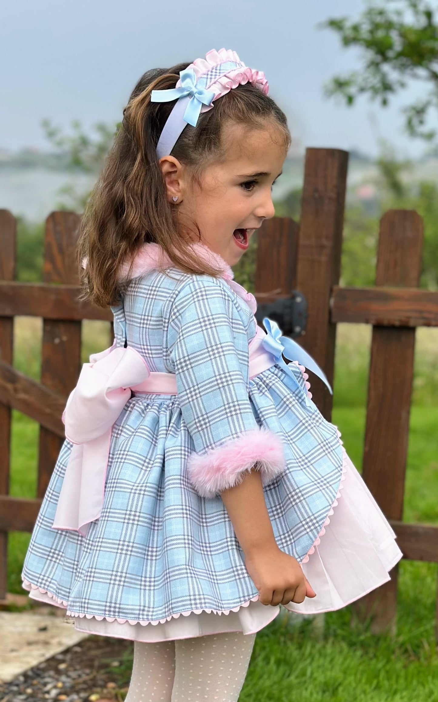 Girls Pink & Baby Blue Checked Dress AW (Made to order)