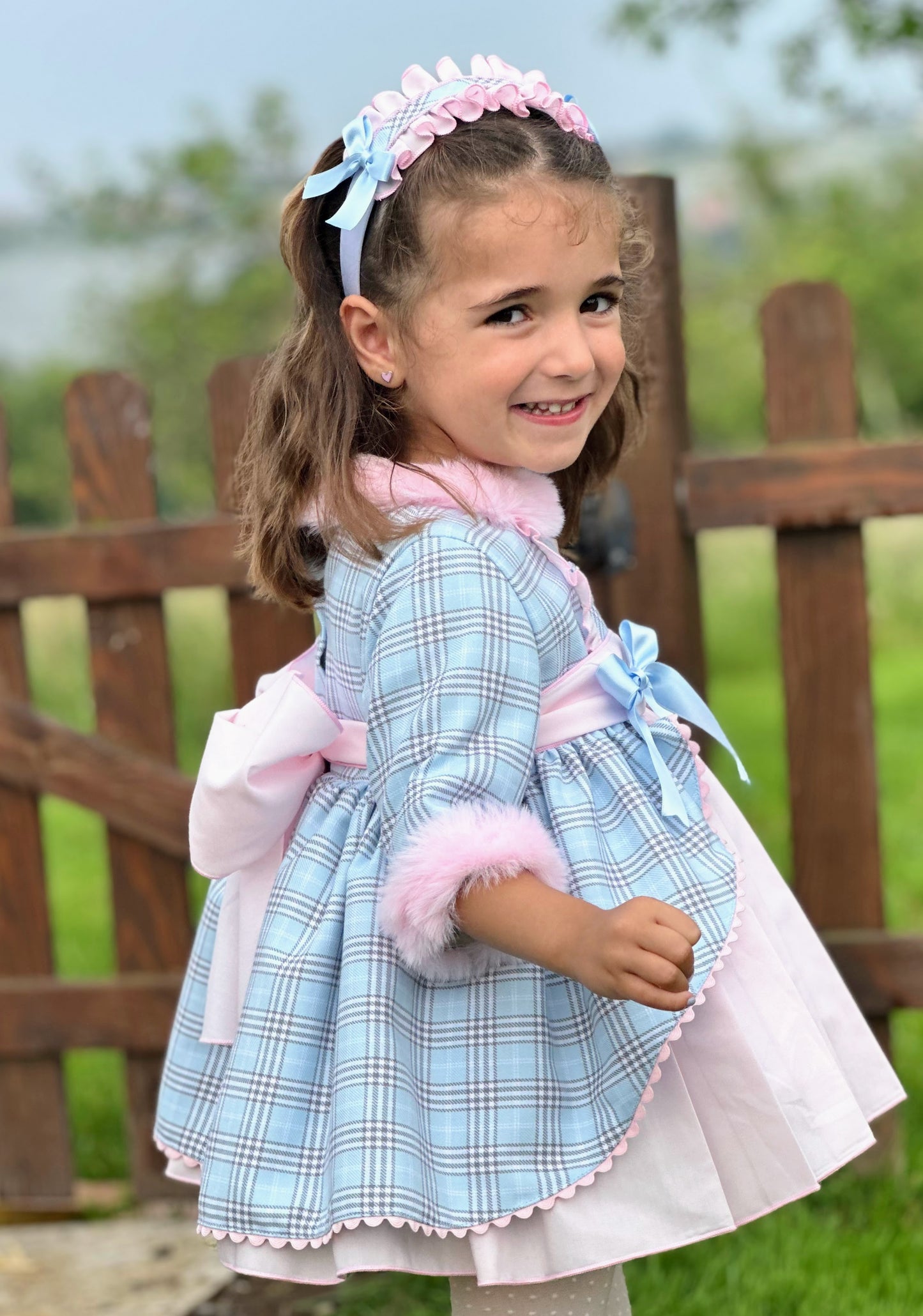 Girls Pink & Baby Blue Checked Dress AW (Made to order)