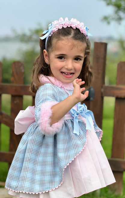 Girls Pink & Baby Blue Checked Dress AW (Made to order)