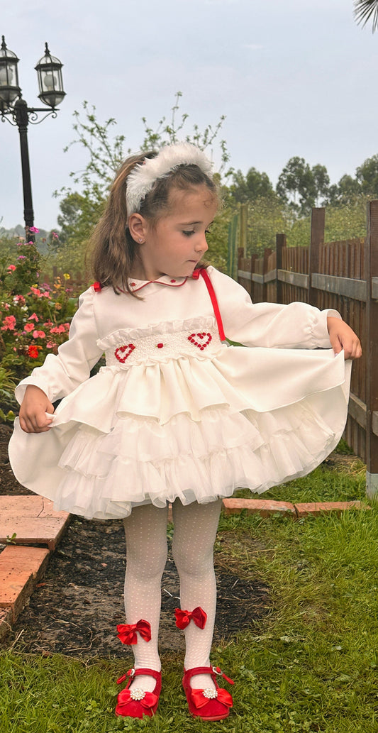 Girls White Velvet Heart Smocked Dress AW (Made to order)