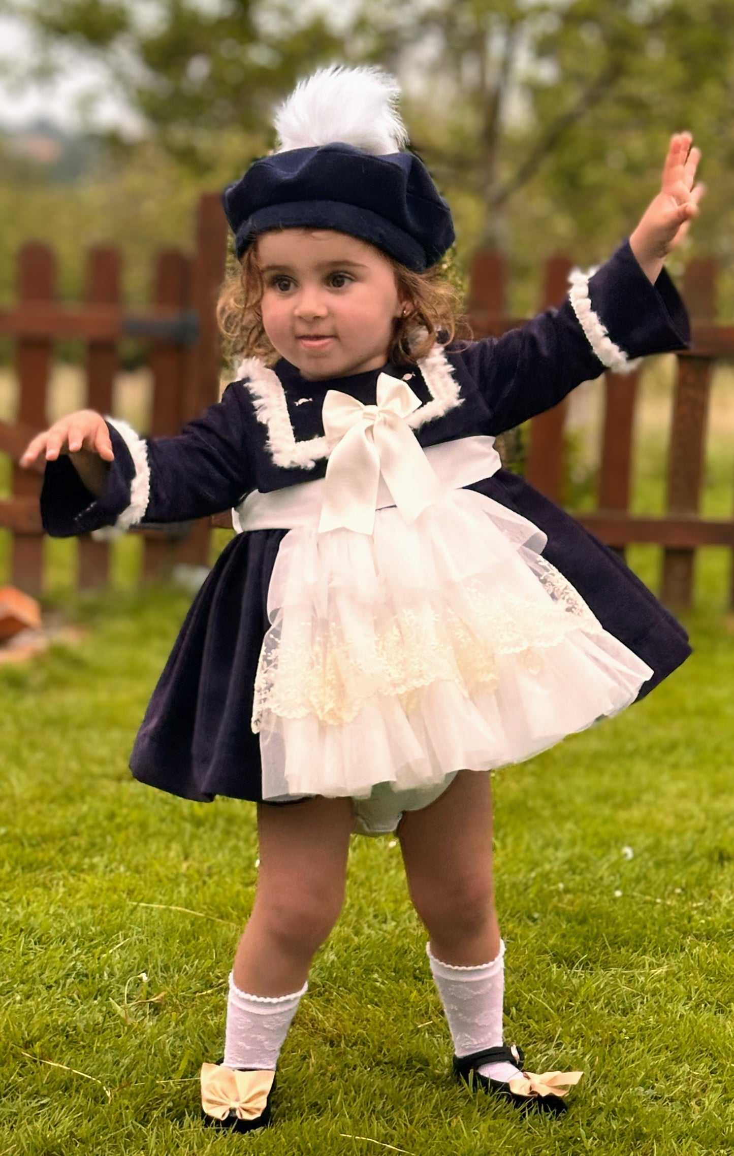 Girls Navy Lace Ruffle Dress AW (Made to order)