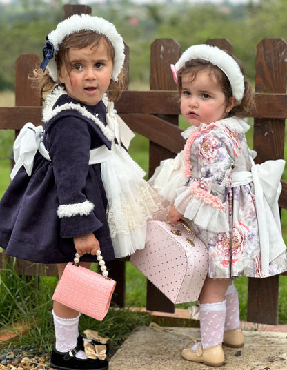 Girls Navy Lace Ruffle Dress AW (Made to order)