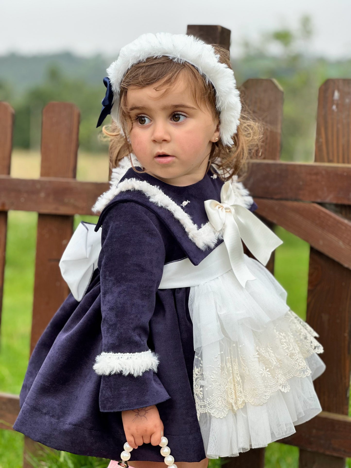 Girls Navy Lace Ruffle Dress AW (Made to order)