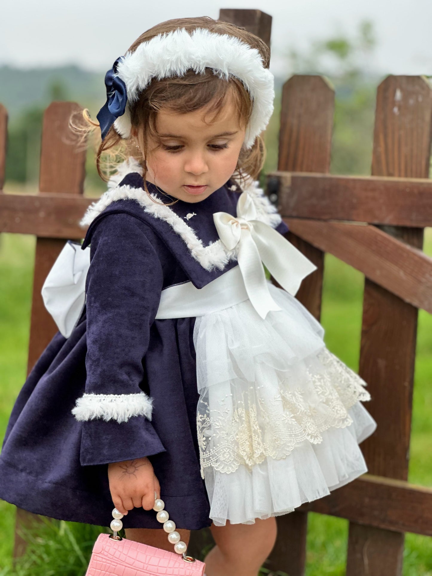 Girls Navy Lace Ruffle Dress AW (Made to order)