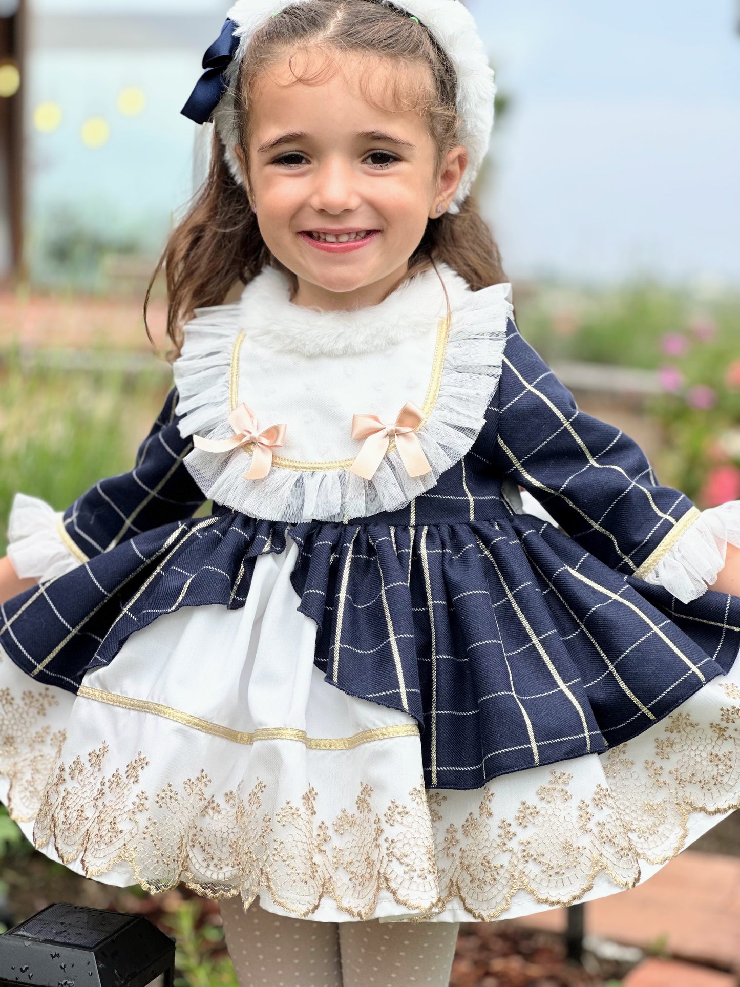 Girls Navy & Golden Lace with Fur Dress AW (Made to order)