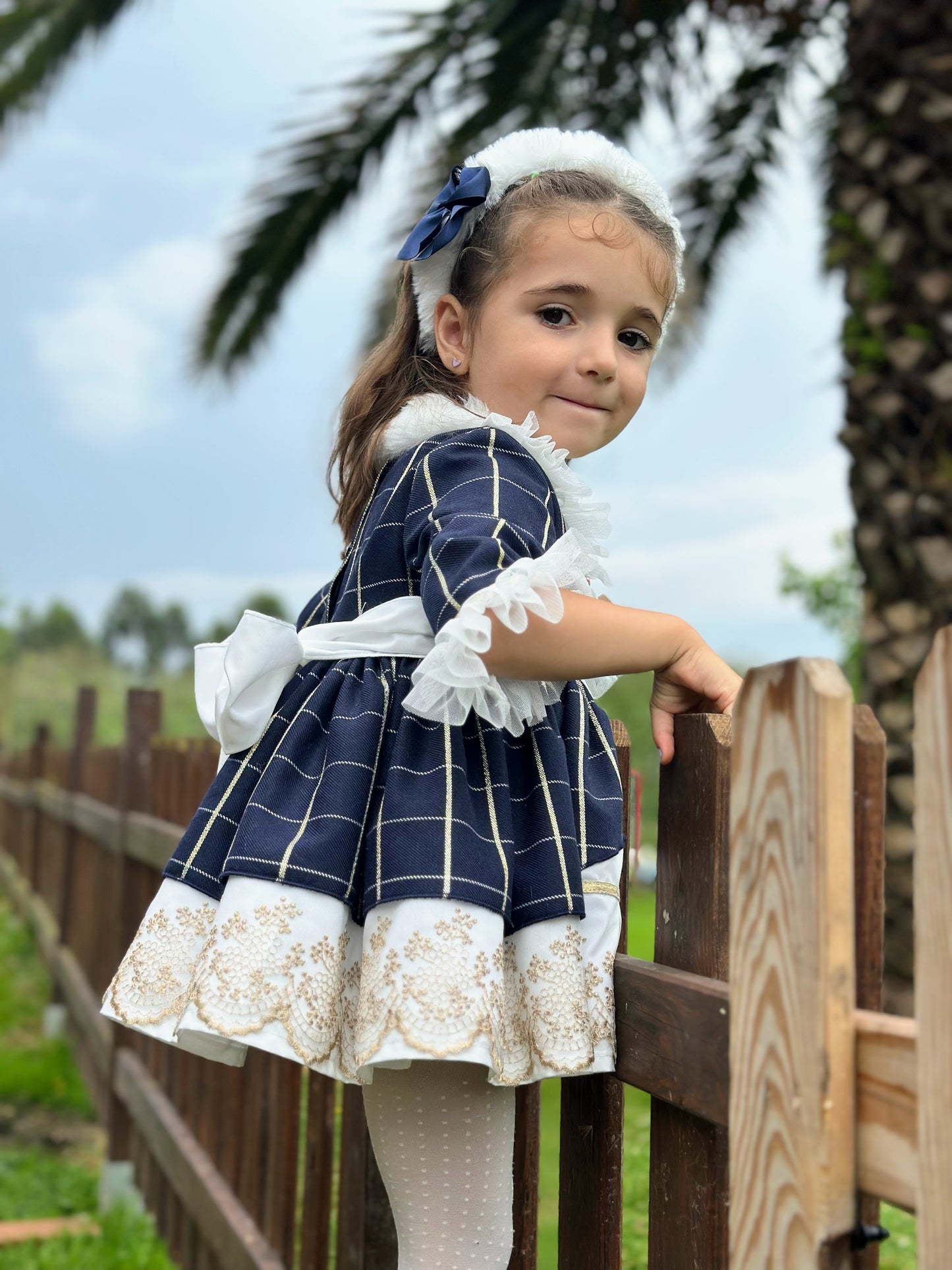 Girls Navy & Golden Lace with Fur Dress AW (Made to order)