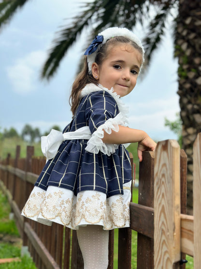 Girls Navy & Golden Lace with Fur Dress AW (Made to order)