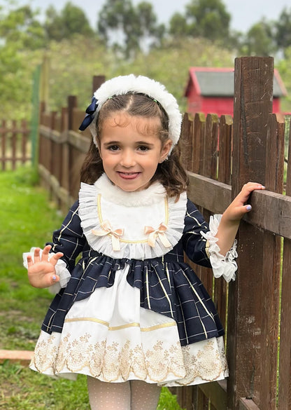 Girls Navy & Golden Lace with Fur Dress AW (Made to order)