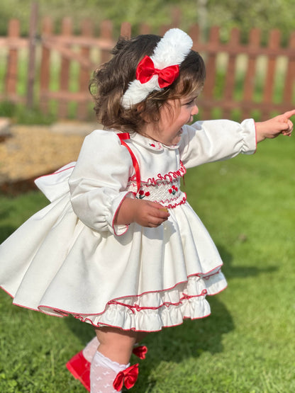 Girls White & Red Velvet Smocked Dress AW (Made to order)