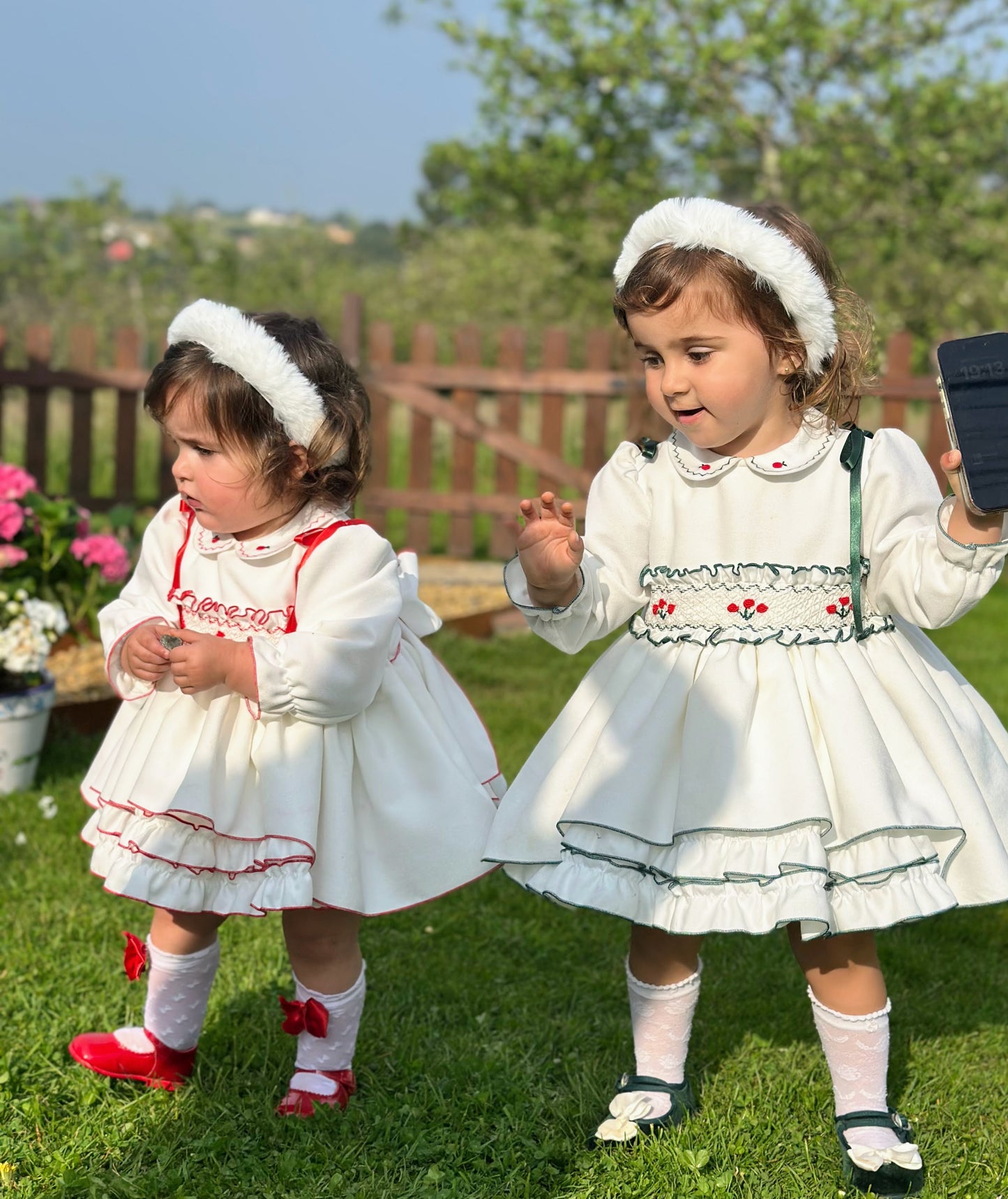 Girls White & Red Smocked Organza Dress AW (Made to order)