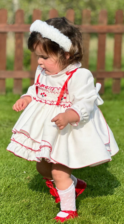 Girls White & Red Velvet Smocked Dress AW (Made to order)