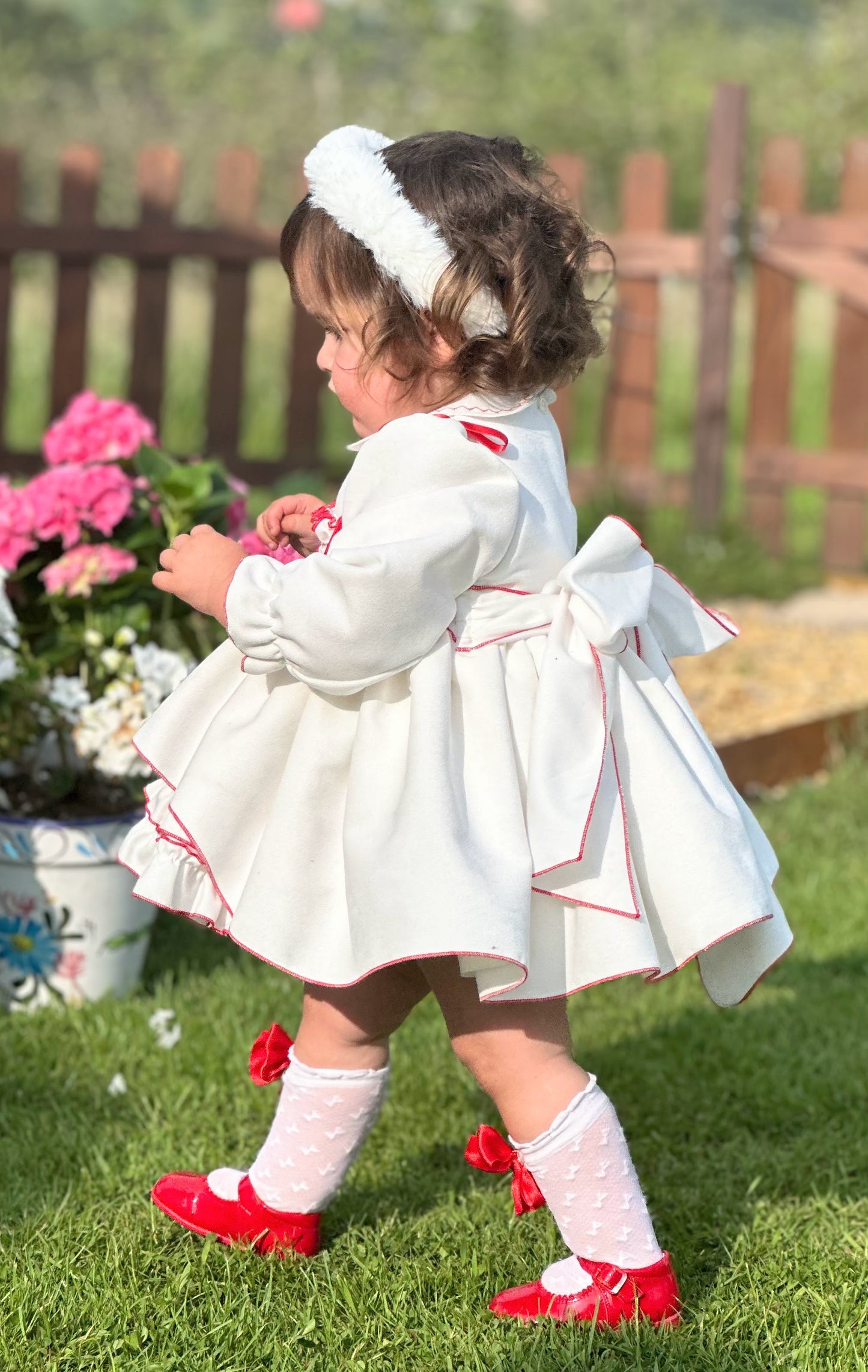Girls White & Red Velvet Smocked Dress AW (Made to order)