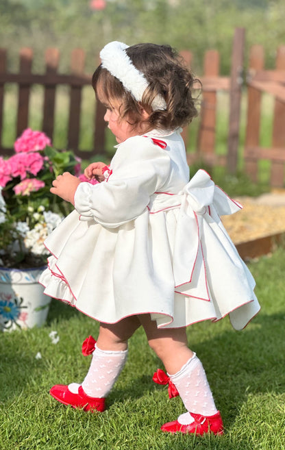 Girls White & Red Velvet Smocked Dress AW (Made to order)