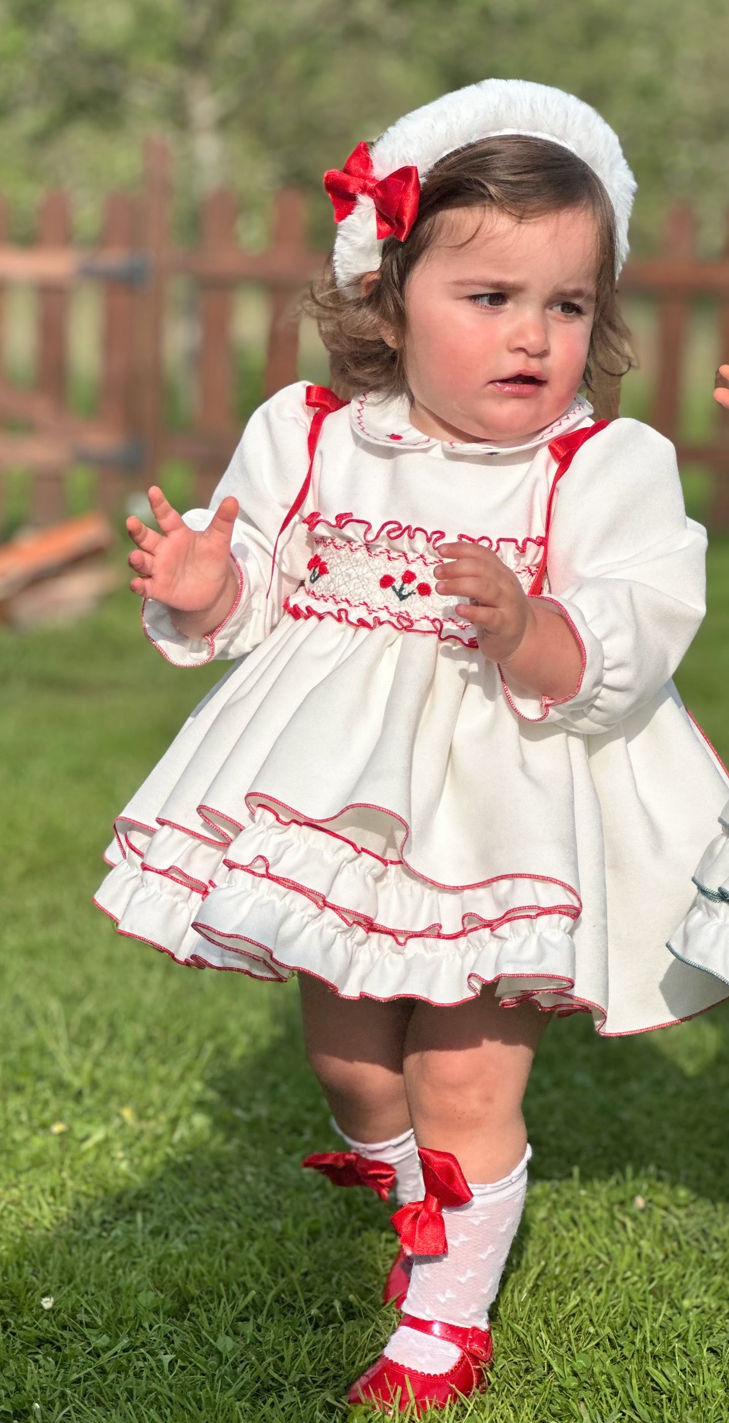 Girls White & Red Velvet Smocked Dress AW (Made to order)