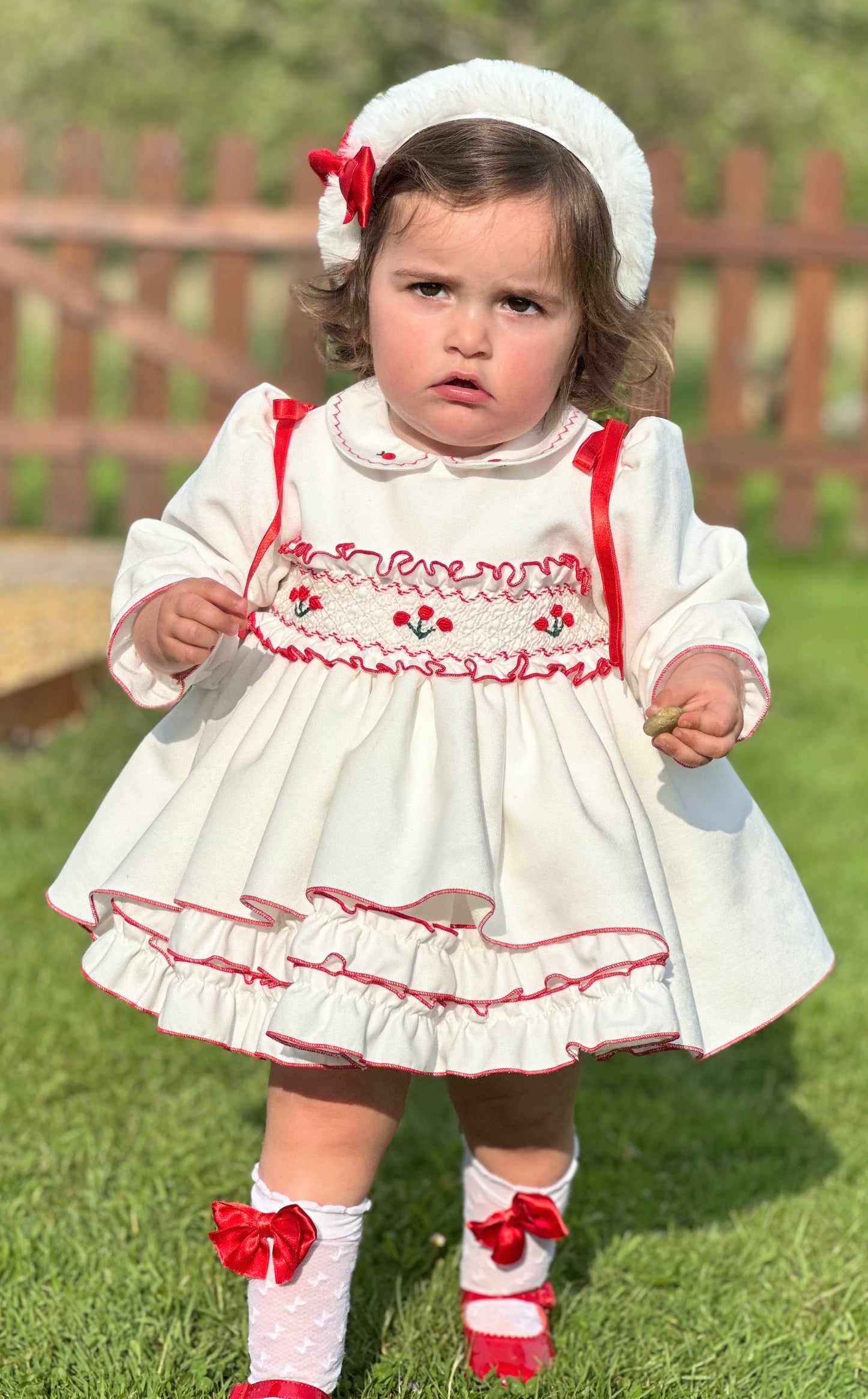 Girls White & Red Smocked Organza Dress AW (Made to order)