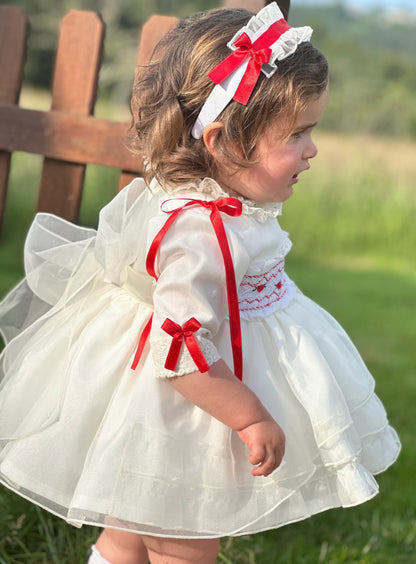 Girls White & Red Velvet Smocked Dress AW (Made to order)