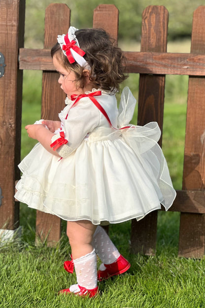 Girls White & Red Velvet Smocked Dress AW (Made to order)