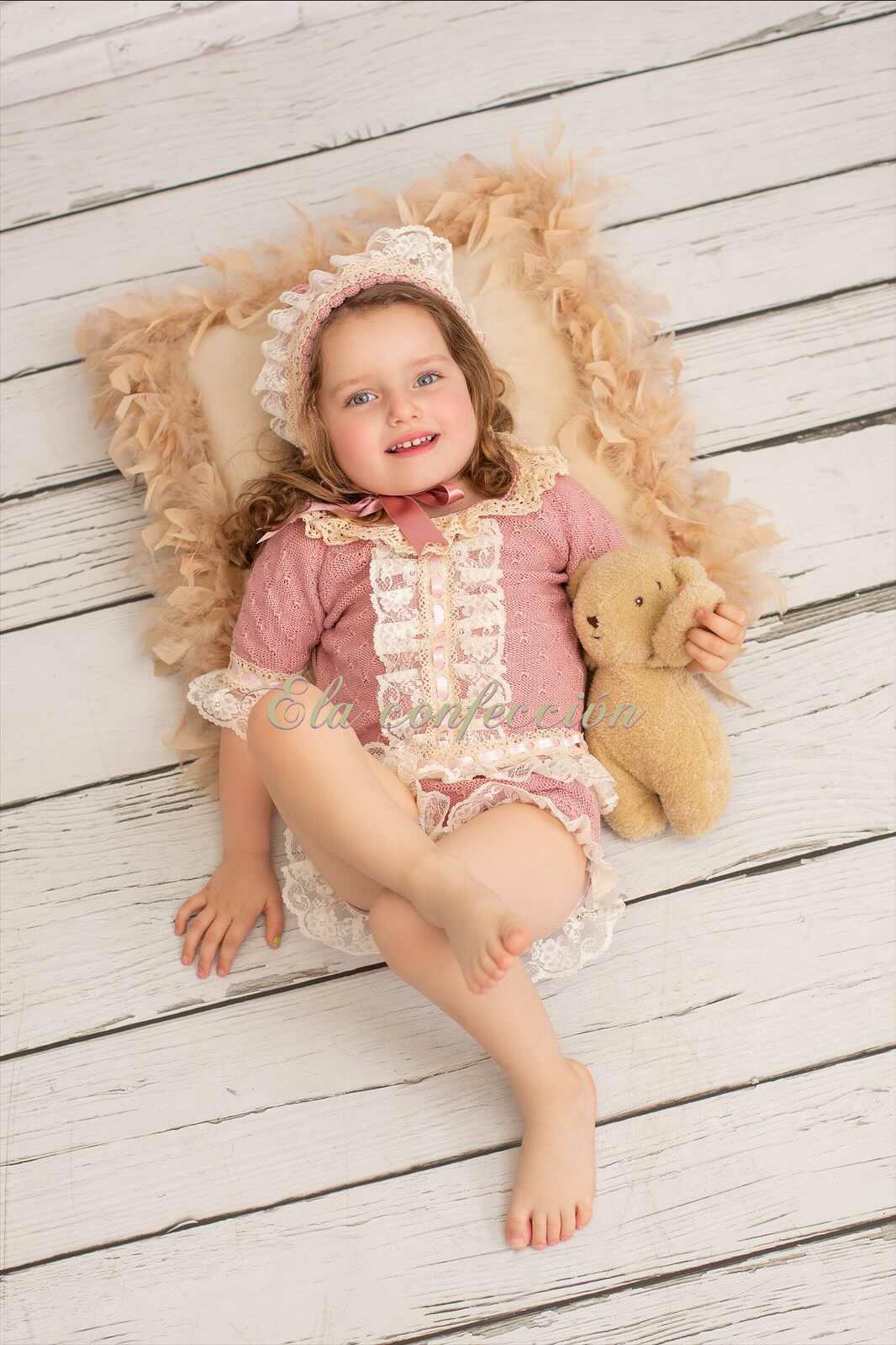 Ela Confeccion Dusky Pink Hand Knitted Top, Jam Pant & Bonnet Set - (Made To Order)