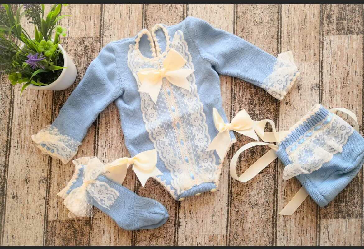 Ela Confeccion Blue Hand Knitted Romper & Bonnet - (Made To Order)