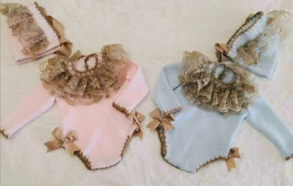 Ela Confeccion Blue & Camel Hand Knitted Frill Neck Romper & Bonnet Set - (Made To Order)