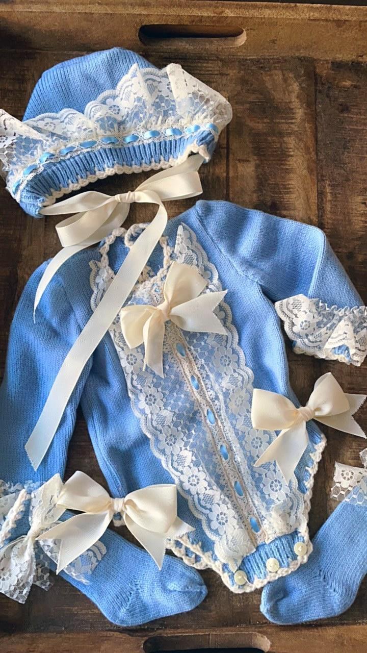 Ela Confeccion Blue Hand Knitted Romper & Bonnet - (Made To Order)