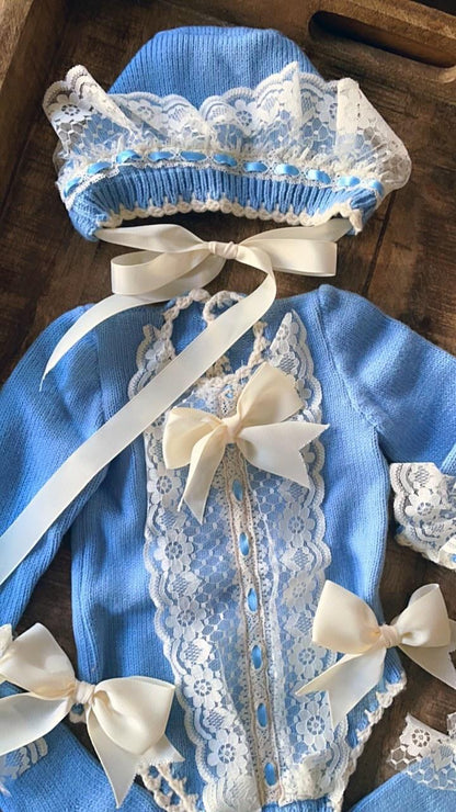 Ela Confeccion Blue Hand Knitted Romper & Bonnet - (Made To Order)