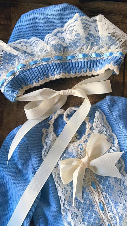 Ela Confeccion Blue Hand Knitted Romper & Bonnet - (Made To Order)