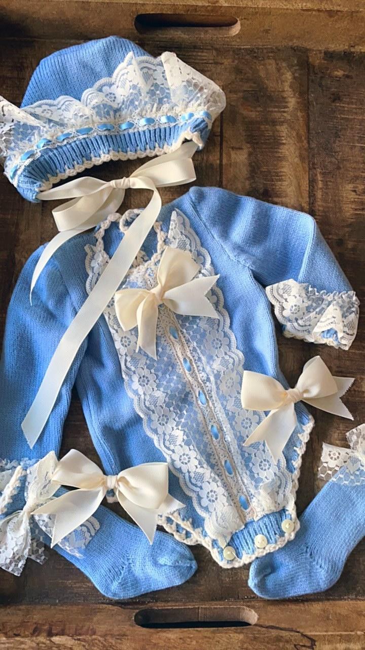 Ela Confeccion Blue Hand Knitted Romper & Bonnet - (Made To Order)
