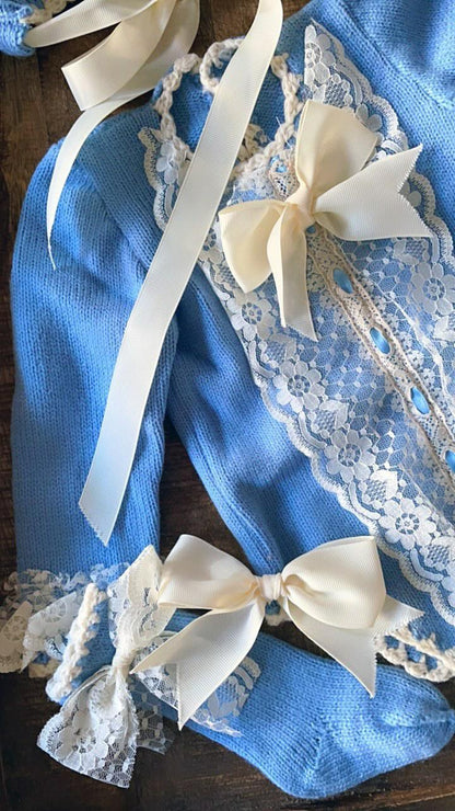 Ela Confeccion Blue Hand Knitted Romper & Bonnet - (Made To Order)