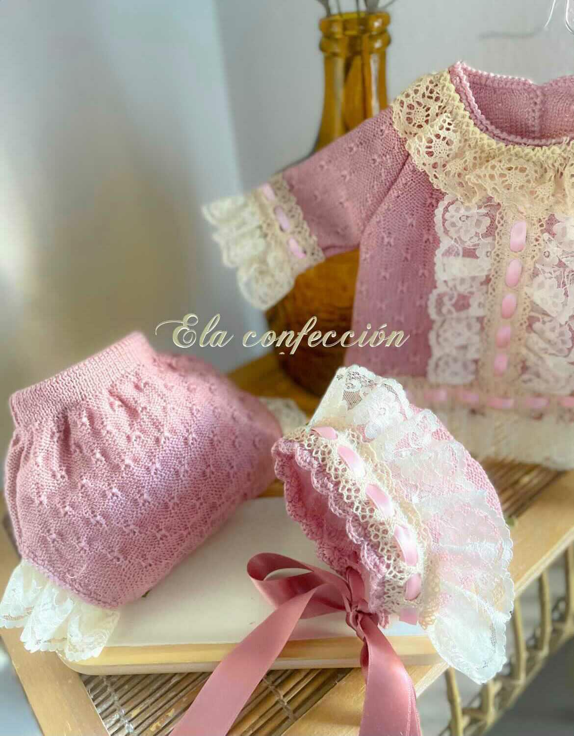 Ela Confeccion Dusky Pink Hand Knitted Top, Jam Pant & Bonnet Set - (Made To Order)