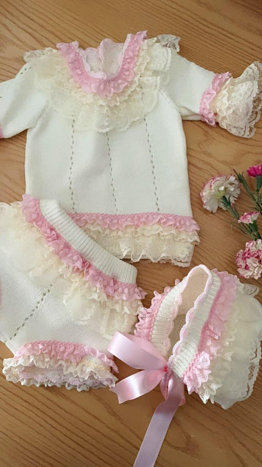 Ela Confeccion Girls Frill Lace Hand Knitted Sets - (Made To Order)