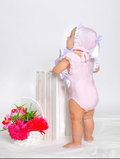 Ela Confeccion Baby Pink Romper and Bonnet - (Made To Order)