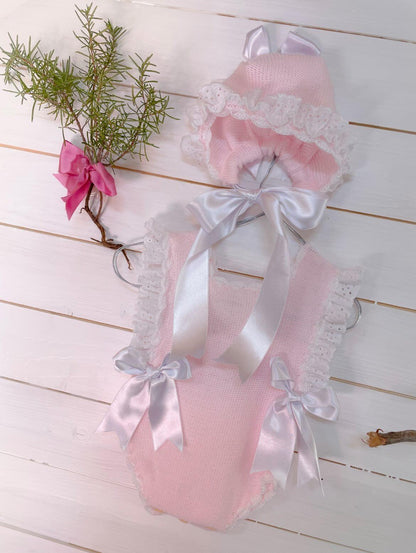 Ela Confeccion Baby Pink Romper and Bonnet - (Made To Order)