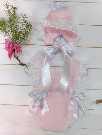 Ela Confeccion Baby Pink Romper and Bonnet - (Made To Order)