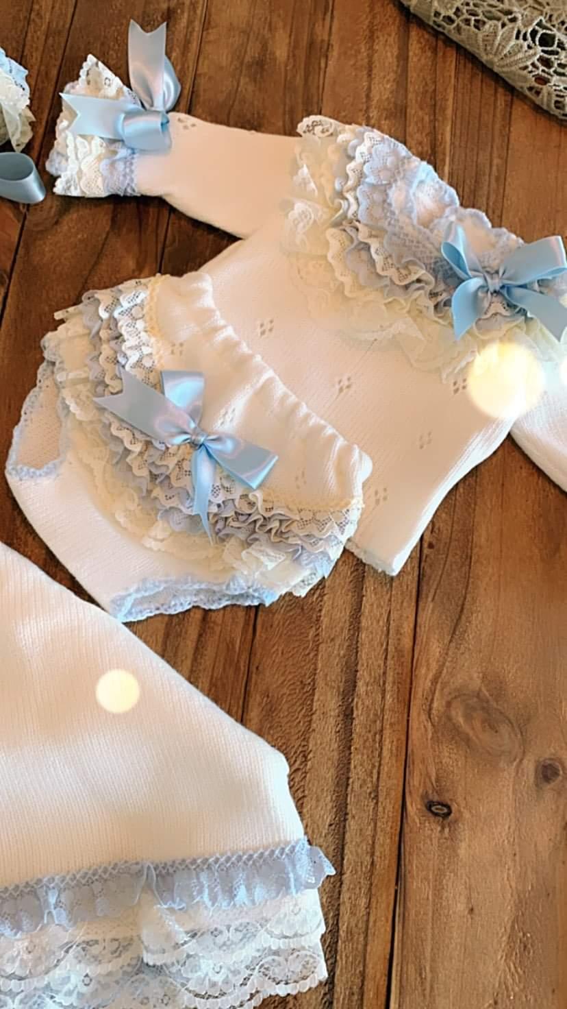 Ela Confeccion Frilly Hand Knitted Jam Pant & Bonnet Set - (Made To Order)