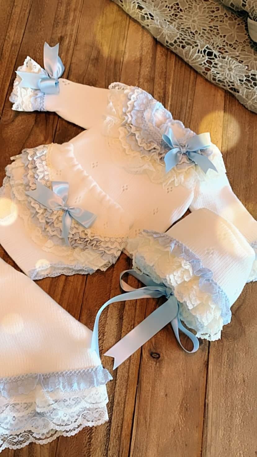 Ela Confeccion Frilly Hand Knitted Jam Pant & Bonnet Set - (Made To Order)