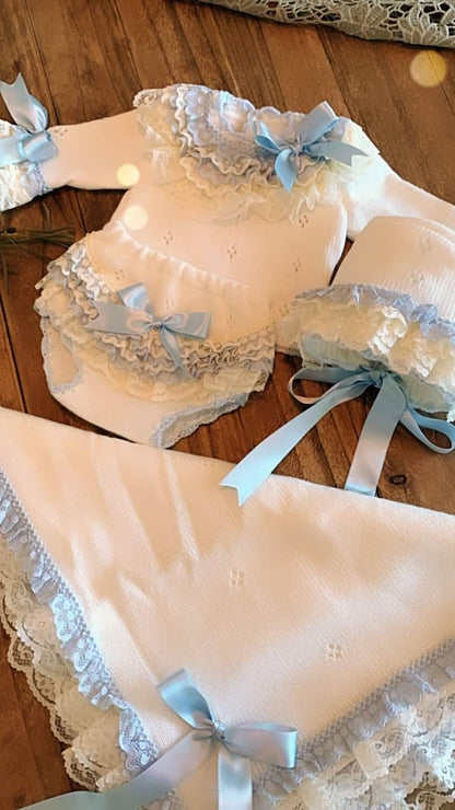 Ela Confeccion Frilly Hand Knitted Jam Pant & Bonnet Set - (Made To Order)