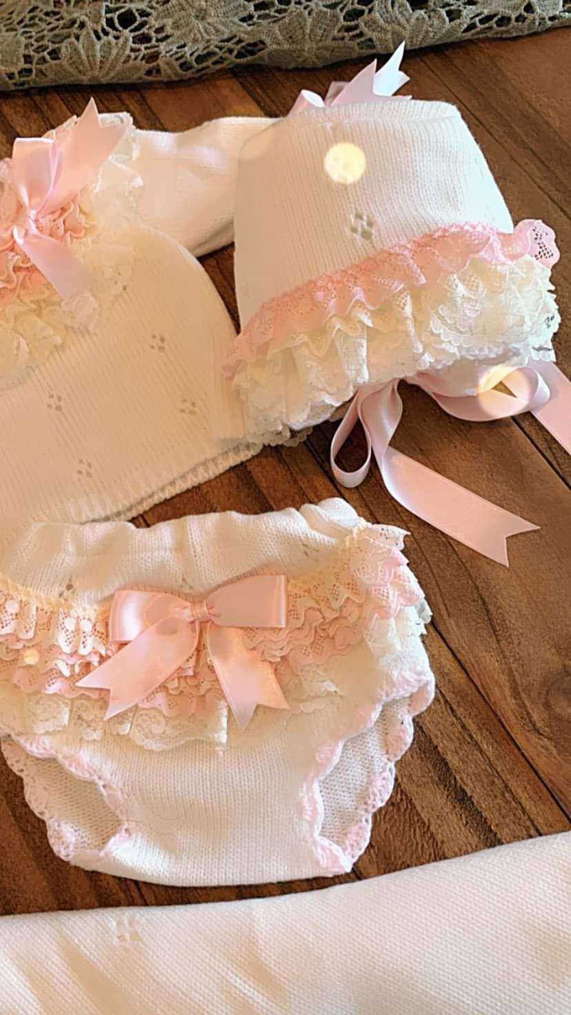 Ela Confeccion Pink Frill Edge Hand Knitted Jam Pant Set & Bonnet - (Made To Order)
