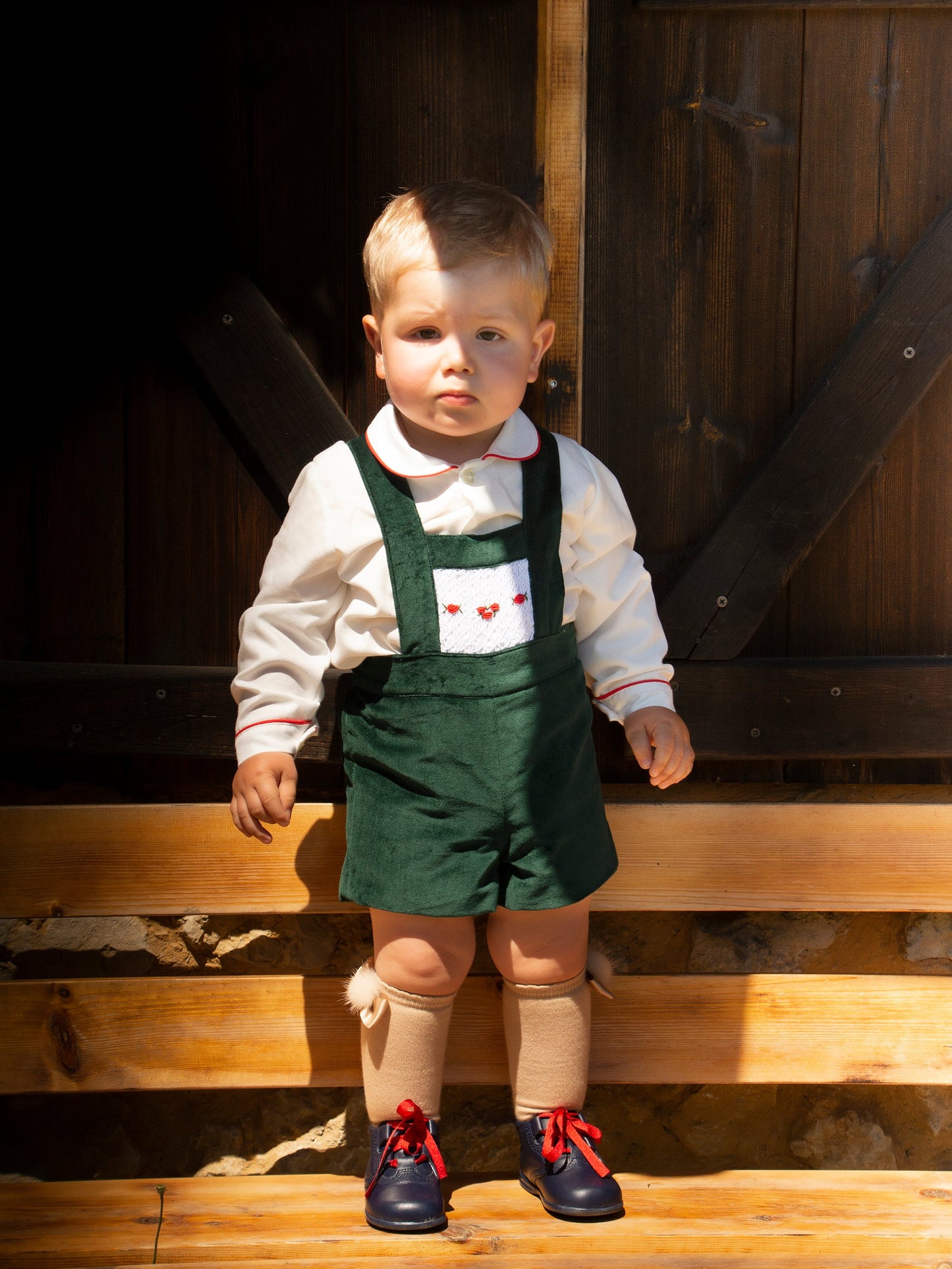 Sonata Boys Hand Smocked Bottle Green Velvet H- Bar Set AW (Made to order)