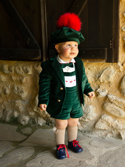 Sonata Boys Hand Smocked Bottle Green Velvet H- Bar Set AW (Made to order)