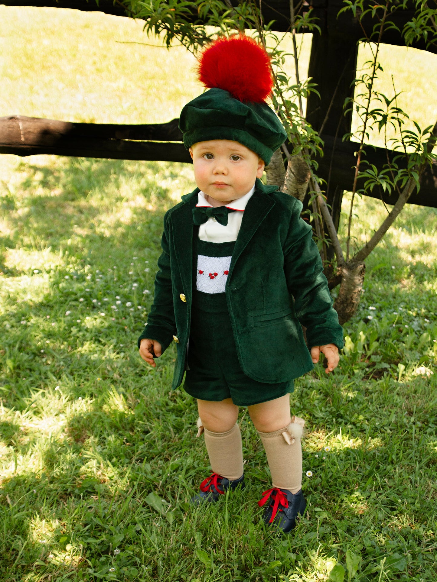 Sonata Boys Hand Smocked Bottle Green Velvet H- Bar Set AW (Made to order)