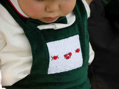 Sonata Boys Hand Smocked Bottle Green Velvet H- Bar Set AW (Made to order)